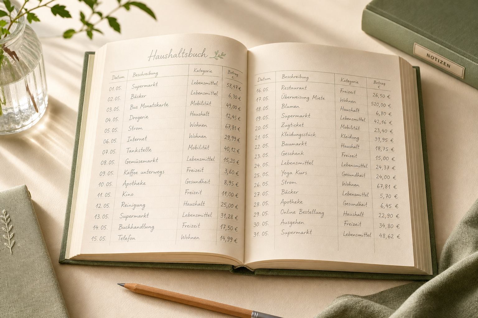 Aufgeschlagenes Haushaltsbuch mit handschriftlichen Einträgen und Bleistift
