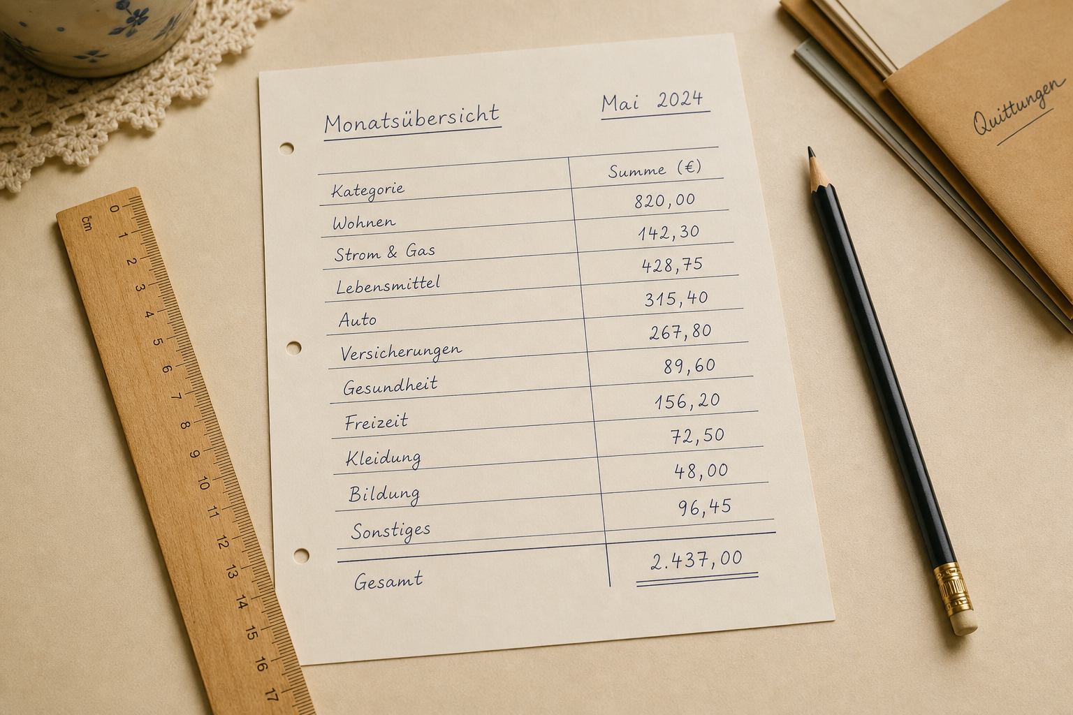 Monatsübersicht mit Kategoriesummen auf Papier