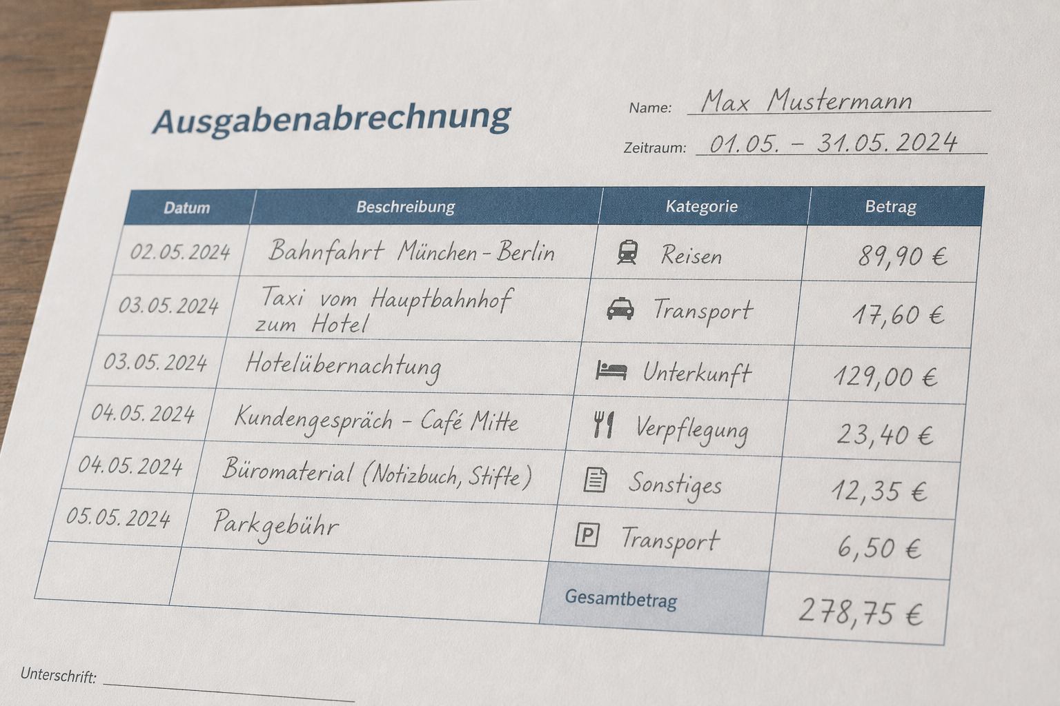 Nahaufnahme einer ausgefüllten Ausgabentabelle mit Bleistift